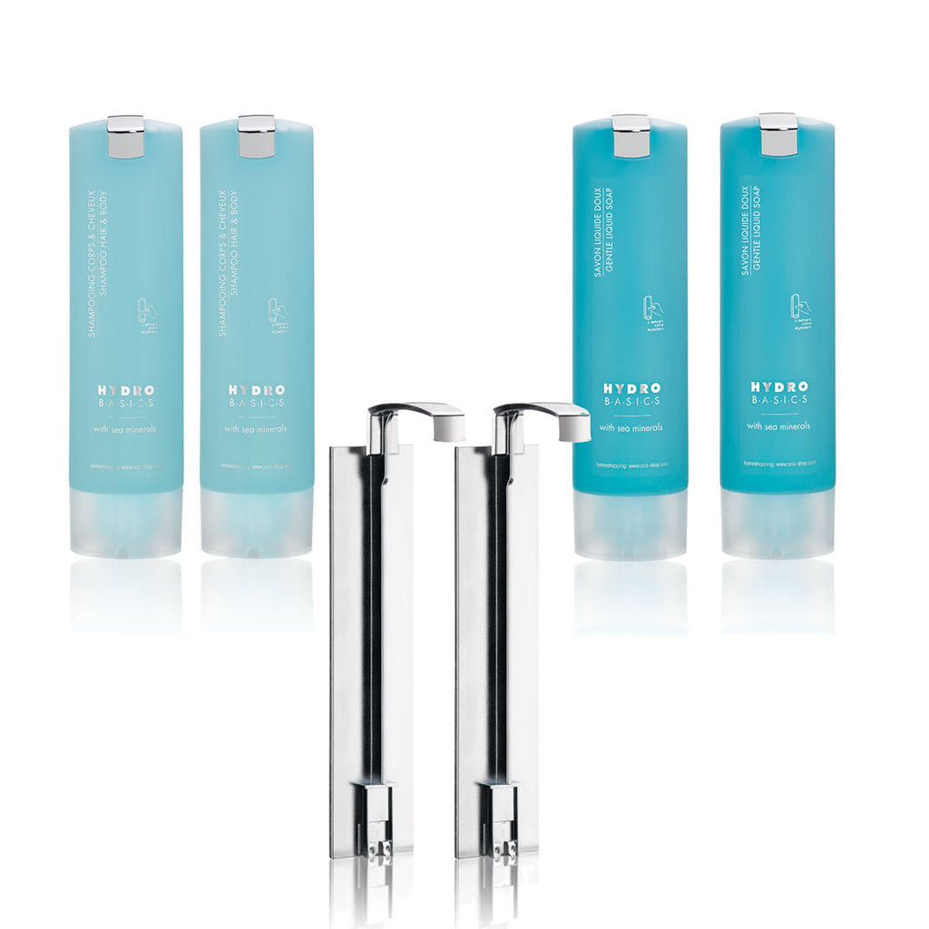 Hydro Basics Smart Care Set, 2x Hair & Body Shampoo + 2x Liquid Soap + 2x Holders